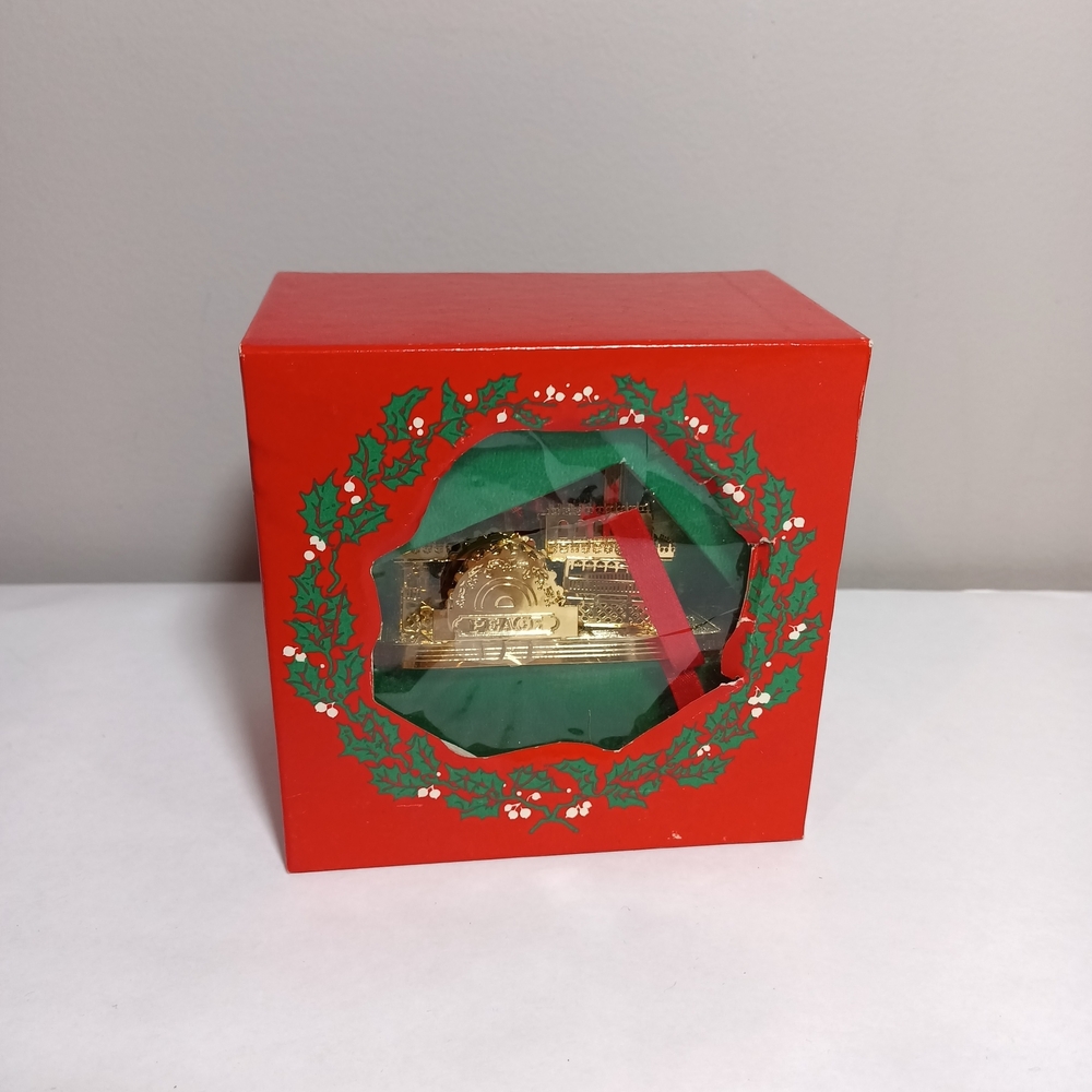 Towle Silversmiths Gold Plate Vintage Holiday Ornament with Box River Boat